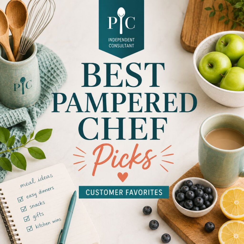 Square featured image for Best Pampered Chef Products with teal and coral lettering, Pampered Chef Independent Consultant branding, and a bright kitchen scene with utensils, apples, blueberries, lemons, and a meal-planning notebook.