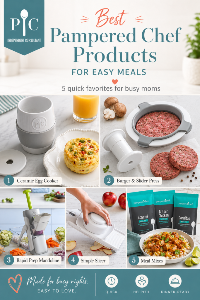 Pinterest-style collage of the best Pampered Chef products for everyday kitchens, including Measuring Cups, Ice Cream Scoop, Powdered Sugar Shaker, Brownie Pan, and Stone Bar Pan.