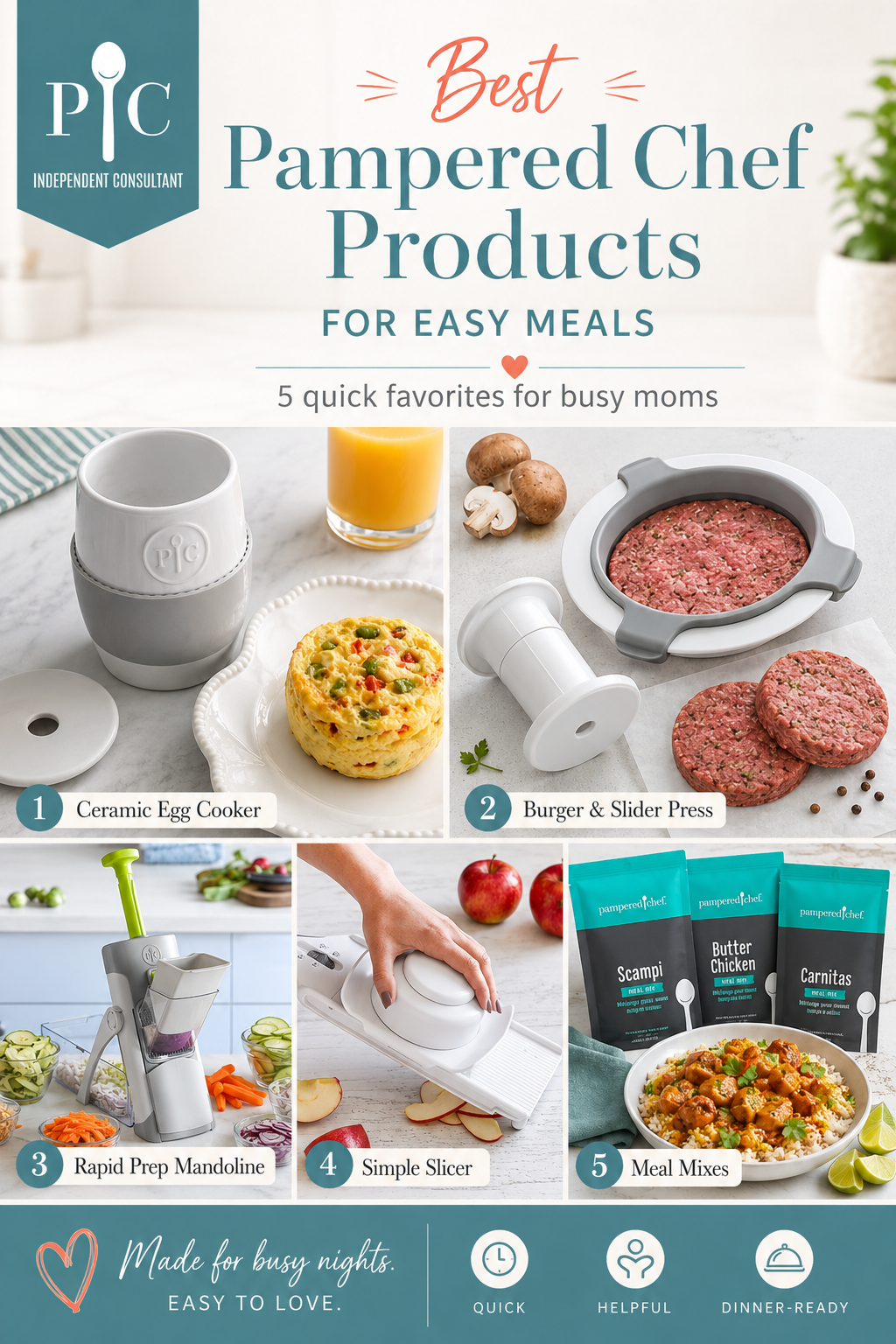 Pinterest-style collage of the best Pampered Chef products for everyday kitchens, including Measuring Cups, Ice Cream Scoop, Powdered Sugar Shaker, Brownie Pan, and Stone Bar Pan.