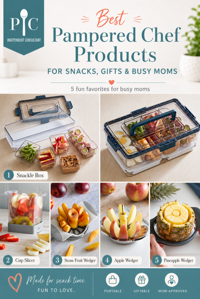 Pinterest-style collage of the best Pampered Chef products for everyday kitchens, including Measuring Cups, Ice Cream Scoop, Powdered Sugar Shaker, Brownie Pan, and Stone Bar Pan.