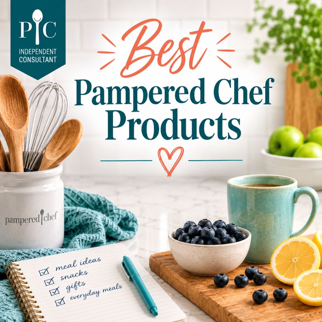 Square featured image for My Favorite Pampered Chef Products for Busy Moms with teal and coral lettering, Pampered Chef Independent Consultant branding, and a bright kitchen scene with a meal-planning notebook, utensils, apples, blueberries, and lemons.