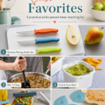 Collage of Pampered Chef customer favorites including the Kitchen Paring Knife Set, Mix ’N Chop, Cool & Serve Bowl, Twixit! Clip Set, and Pan Scraper Set.