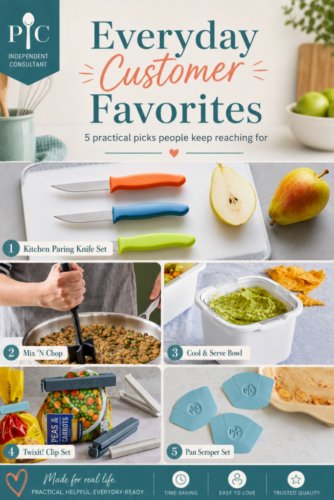 Collage of Pampered Chef customer favorites including the Kitchen Paring Knife Set, Mix ’N Chop, Cool & Serve Bowl, Twixit! Clip Set, and Pan Scraper Set.