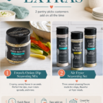 Vertical graphic featuring two popular Pampered Chef add-ons: French Onion Dip Seasoning Mix and the Air Fryer Seasoning Set.