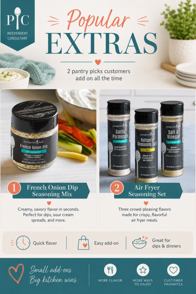 Vertical graphic featuring two popular Pampered Chef add-ons: French Onion Dip Seasoning Mix and the Air Fryer Seasoning Set.