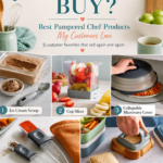 Collage of popular Pampered Chef items including the Ice Cream Scoop, Cup Slicer, Collapsible Microwave Cover, Adjustable Measuring Spoon Set, and Cut-N-Seal.