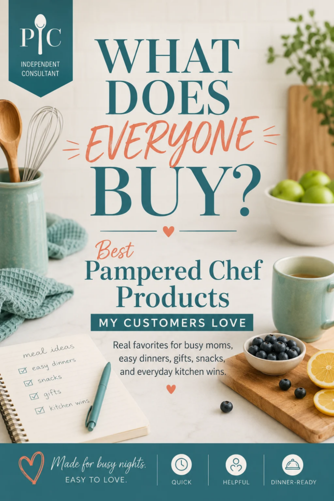 Vertical graphic reading “What Does Everyone Buy? Best Pampered Chef Products My Customers Love” in a bright kitchen with teal Pampered Chef Independent Consultant branding, utensils, apples, blueberries, lemons, and a meal-planning notebook.