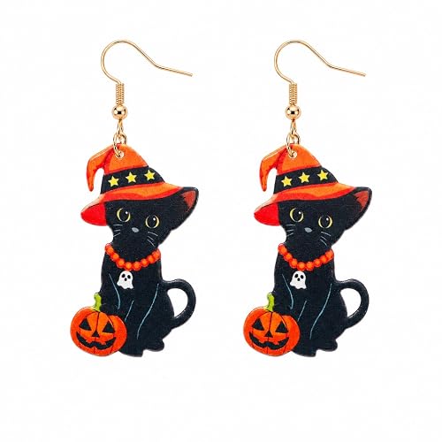 Black Cat in a Witch Hat Dangle Earrings
