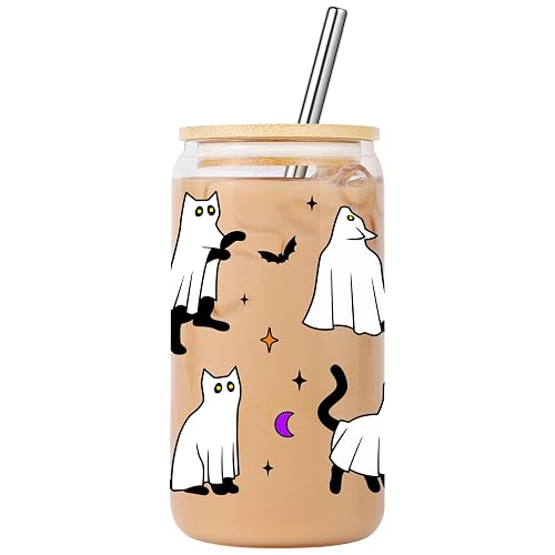 Ghost Cat Iced Coffee Cup, 16 oz Glass Tumbler with Lid and Straw