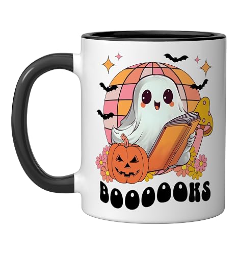 Retro Ghost Reading a Book Halloween Teacher Mug