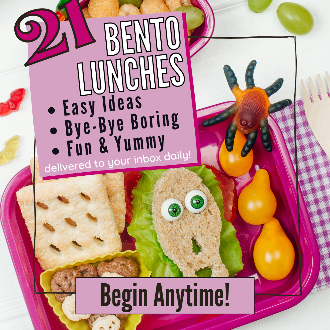 Introducing a colorful lunchbox with a quirky sandwich sporting candy eyes, crackers, peppers, grapes, and an orange toy spider. Subscribe to our email series for 21 fun lunch ideas delivered daily. Easy Ideas. Bye-Bye Boring. Fun & Yummy. Dive in and let the creativity begin!.
