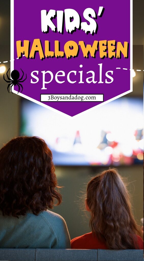 Parent and child watching television beneath a purple graphic that reads “Kids’ Halloween Specials” with orange Halloween lettering and a spider.