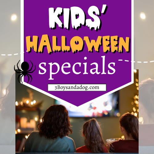 Family watching television with a purple “Kids’ Halloween Specials” graphic above them, decorated with orange Halloween lettering and a spider.