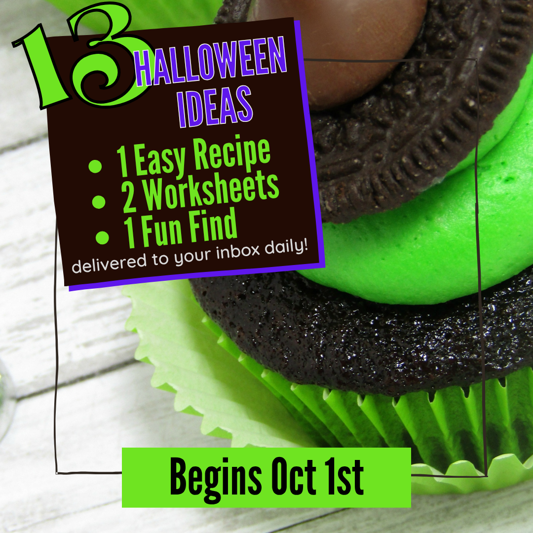 Close-up of a green cupcake with chocolate frosting and a chocolate on top. A flyer reads: 13 Halloween Ideas. 1 Easy Recipe, 2 Worksheets, 1 Fun Find delivered to your inbox daily! in bold fonts. Subscribe to the email series; it begins Oct 1st!.