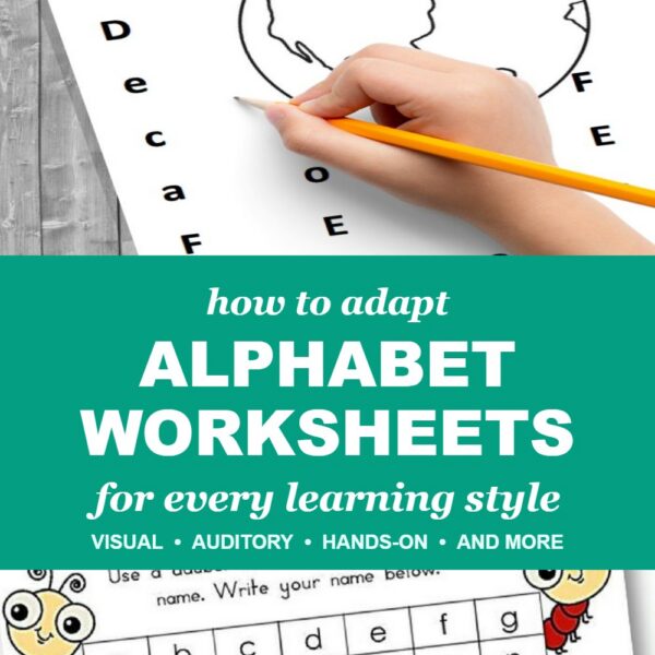 How to adapt alphabet worksheets for every learning style, with a child coloring a find the letter worksheet