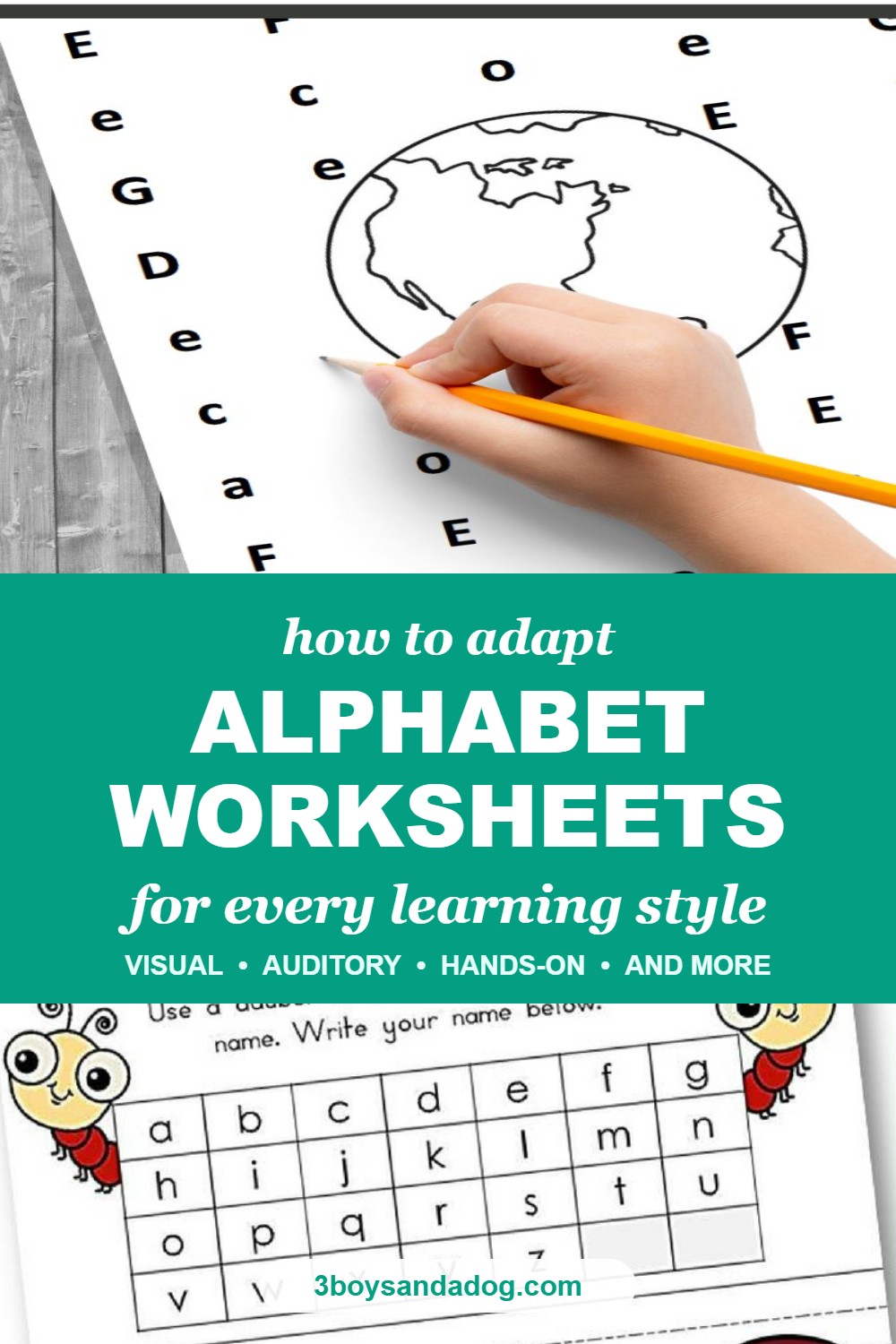 How to adapt alphabet worksheets for every learning style, with a child coloring a find the letter worksheet