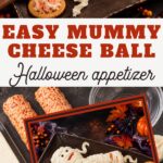 Easy Mummy Cheese Ball Halloween appetizer: cheese spread on crackers above the finished cheese mummy on a dark tray