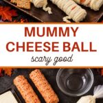 Mummy Cheese Ball, scary good: a cheese mummy on a tray with crackers above the cheese logs, cream cheese and piping bag used to make it
