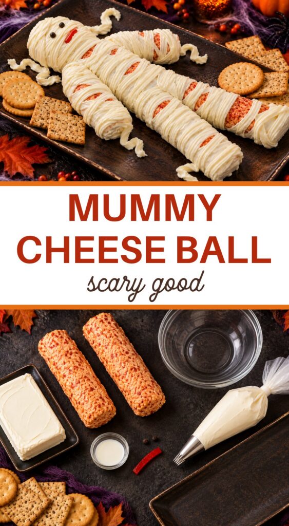 Mummy Cheese Ball, scary good: a cheese mummy on a tray with crackers above the cheese logs, cream cheese and piping bag used to make it