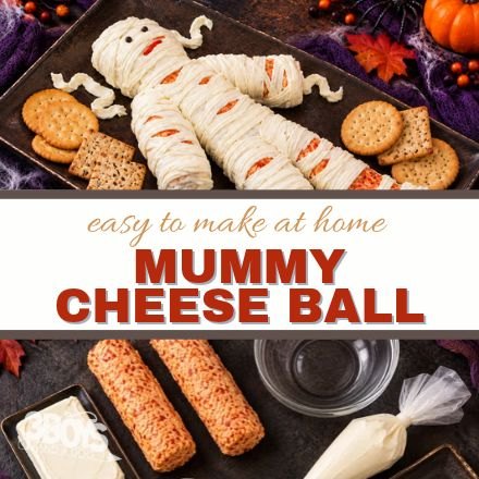 Easy to make at home Mummy Cheese Ball: a cheese mummy with cream cheese bandages above the cheese logs, cream cheese and piping bag