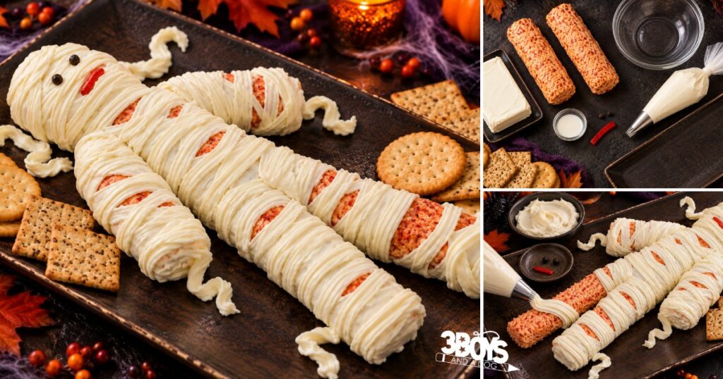 Cheese mummy appetizer with piped cream cheese bandages on a dark tray with crackers, next to the cheese logs, cream cheese and piping bag used to make it