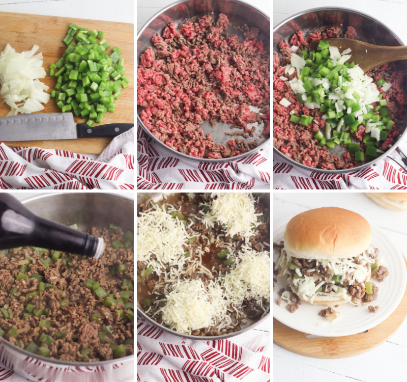 Step by step photos of making Philly cheesesteak sloppy joes in a skillet.