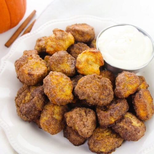Pumpkin spice pretzel bites coated in cinnamon sugar on a white plate