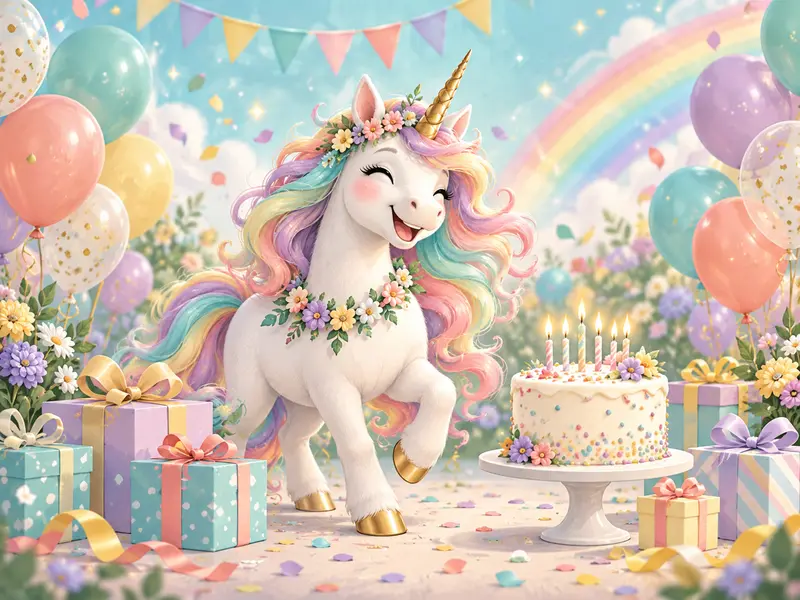 Pastel birthday unicorn with balloons and cake