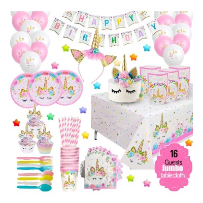 Pink unicorn birthday party decorations set with banner and balloons