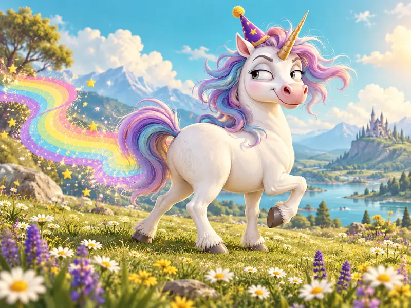 Playful unicorn making a funny face with colorful stars