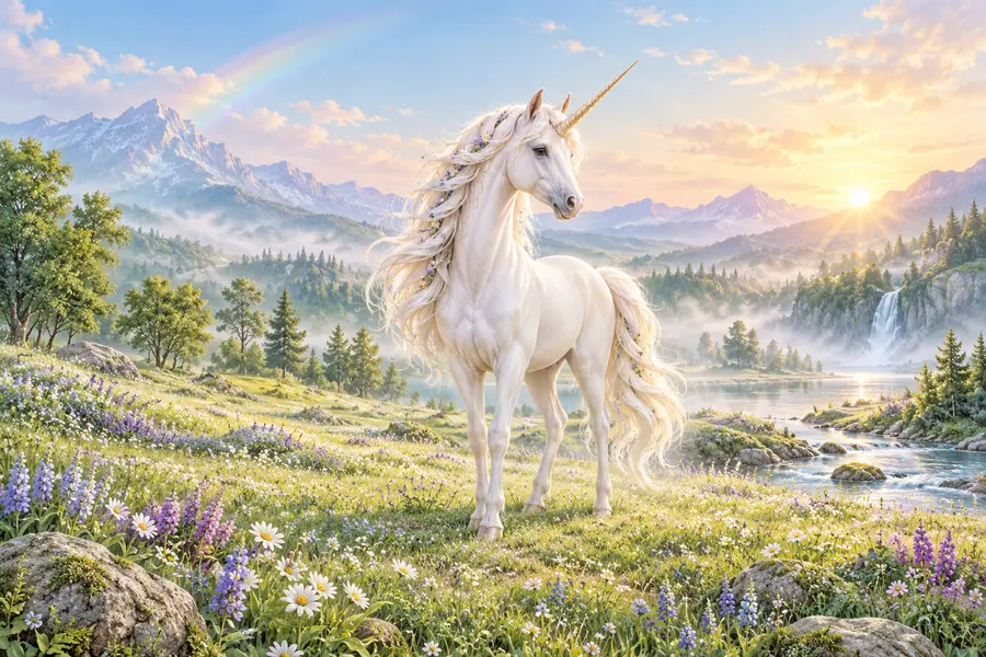 A magical unicorn beneath a rainbow