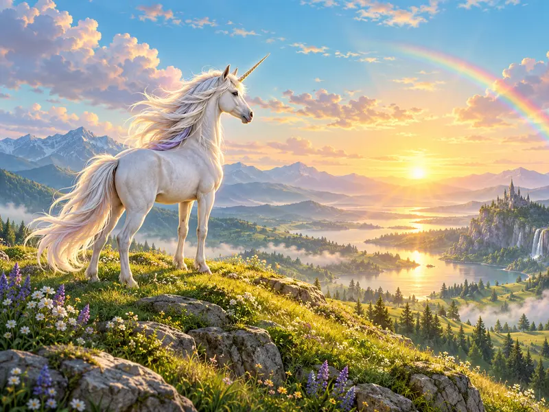Graceful unicorn in a sunrise landscape