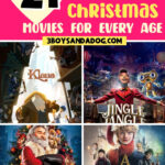 Pink collage pin with four Netflix Christmas movie posters and text reading 21 best kids Netflix Christmas movies for every age