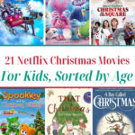 Pinterest pin for 21 Netflix Christmas movies for kids sorted by age, showing six Christmas movie and book covers