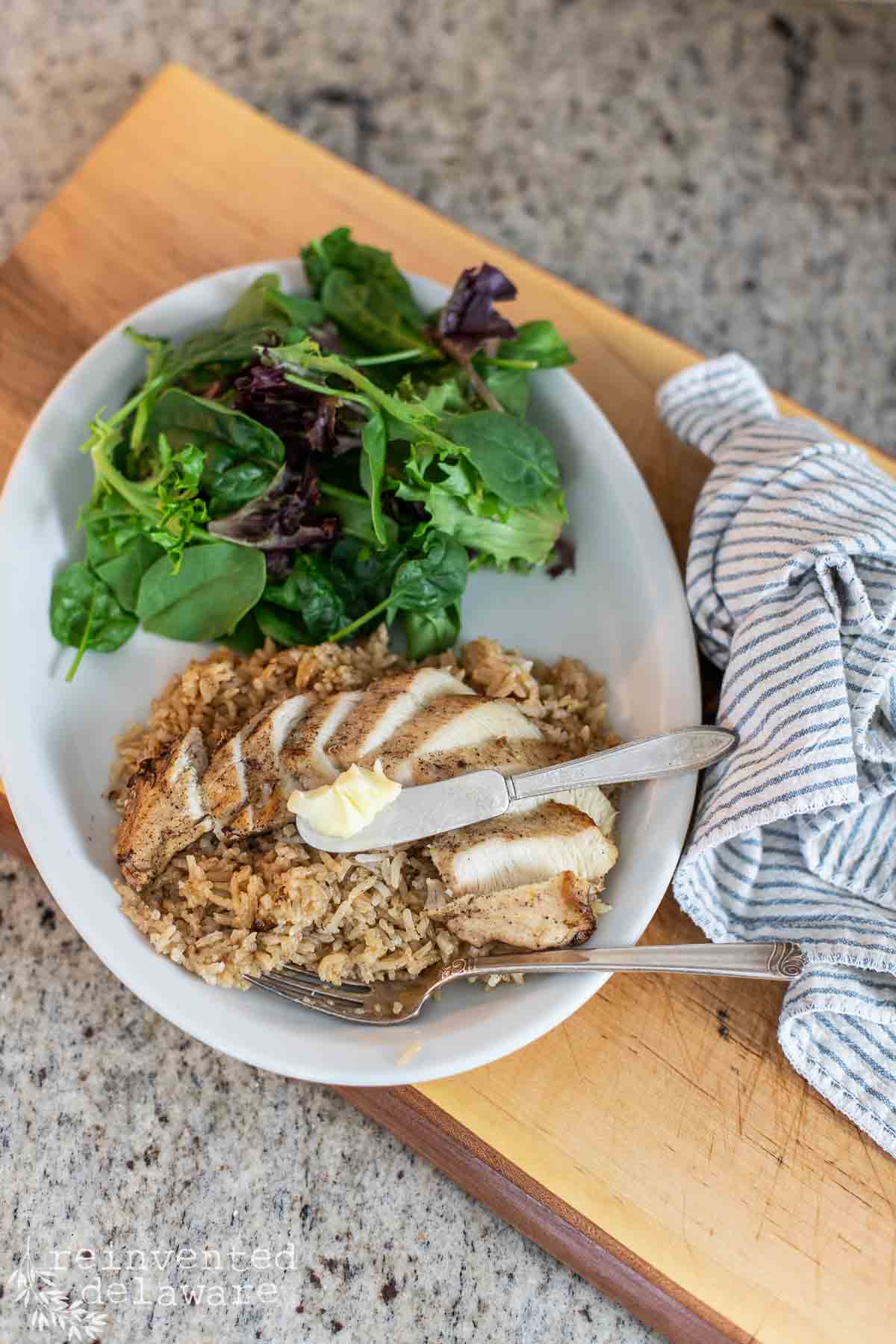 3 ingredient chicken and rice casserole baked in a dish