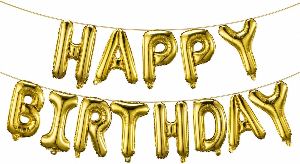 Gold happy birthday balloon banner