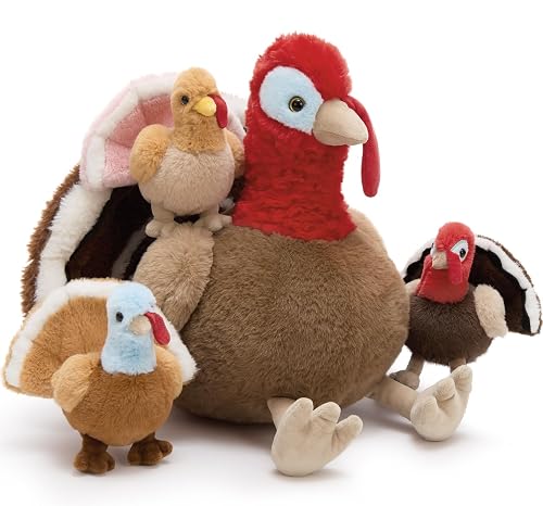 Turkey stuffed animal with three baby turkeys