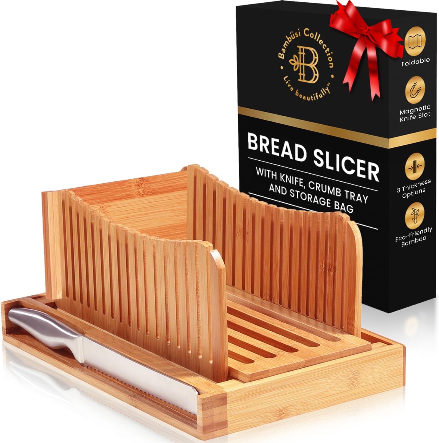 Bamboo bread slicing guide with knife
