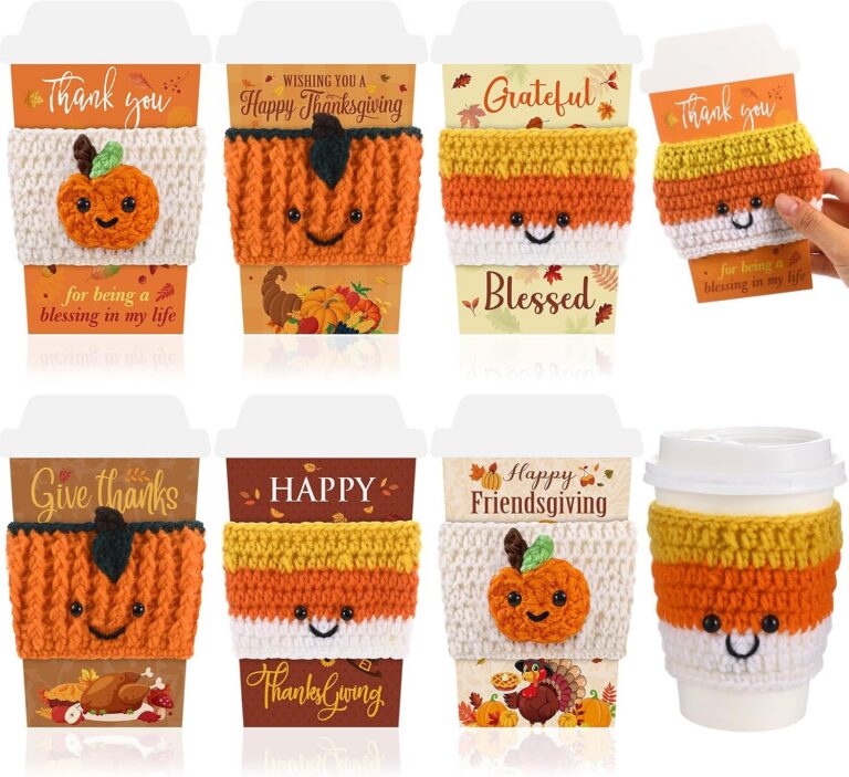 Six crocheted fall coffee cup gift card holders