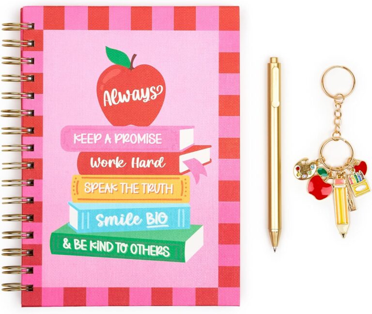 Teacher appreciation notebook with pen and charm
