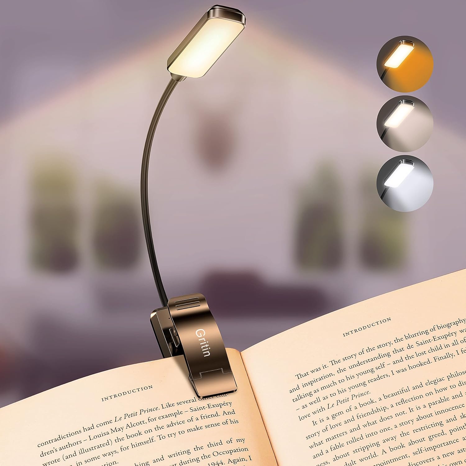 Gritin rechargeable clip on book light