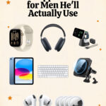 Christmas gift guide pin titled 25 Apple Gifts for Men He'll Actually Use, showing an Apple Watch, AirPods Max, a 3-in-1 charger, an iPad, a Magic Keyboard, a MagSafe car mount, AirPods Pro and AirTags