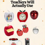 Teacher gift guide pin titled 22 Apple Gifts Teachers Will Actually Use, showing an apple snow globe, apple wall clock, apple timer, apple Post-it dispenser, apple pencil holders, crystal apple, apple mug and apple teacher stamp