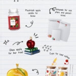 Apple Teacher Wishlist pin on notebook paper with a Macintosh apple candle, apple notepads, glass apple ornament, apple and pencil iced coffee cups and a golden crystal apple, each with a handwritten note