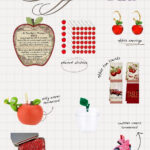 Apple Gifts pin on grid paper with a Teacher's Prayer apple plaque, apple reward stickers, apple earrings, apple tea towels, worm apple ornament, clear apple jar, apple paper clips and a custom name apple ornament