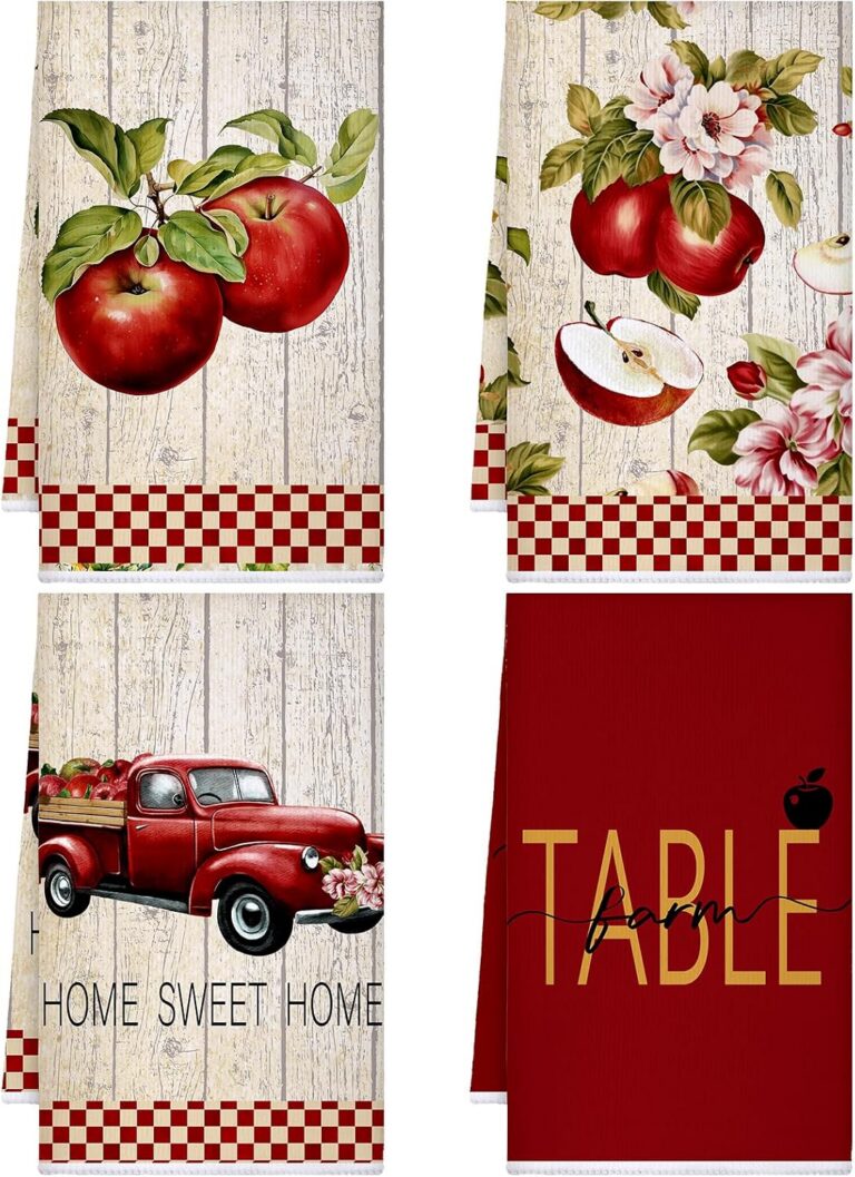 Set of four fruit kitchen towels with red apple prints