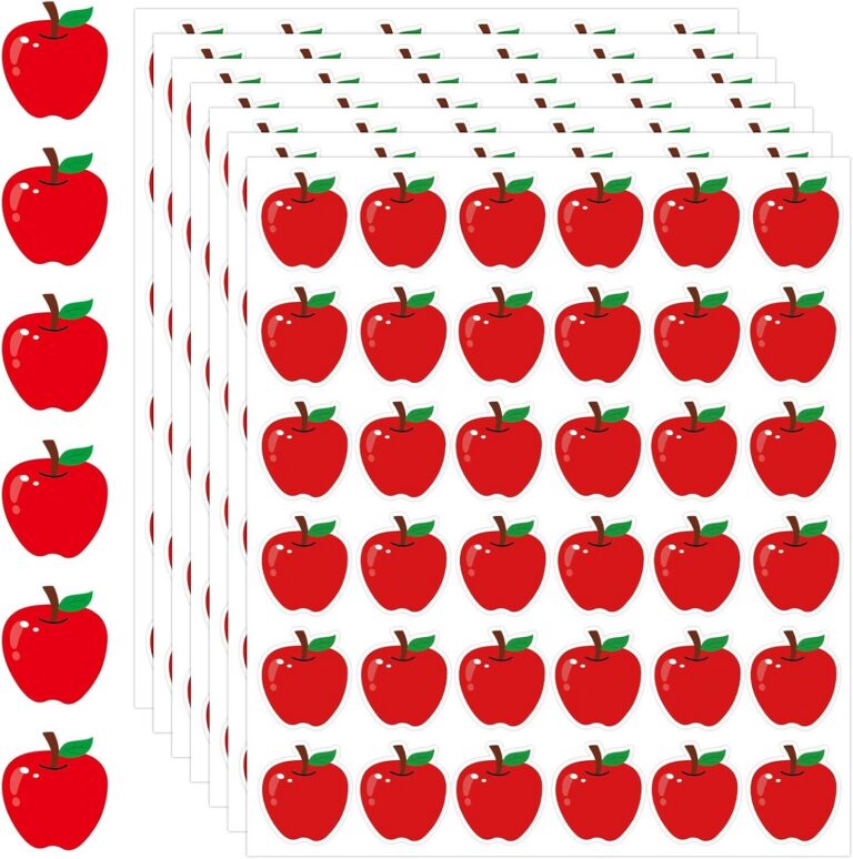 Sheets of small red apple reward stickers for the classroom
