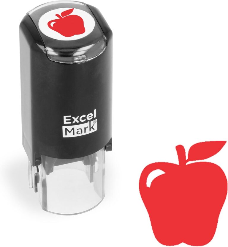 Round self-inking teacher stamp with a red apple design