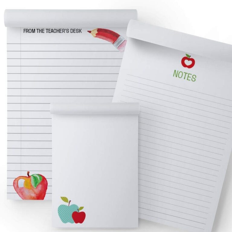 Three apple-themed teacher memo pads in assorted designs