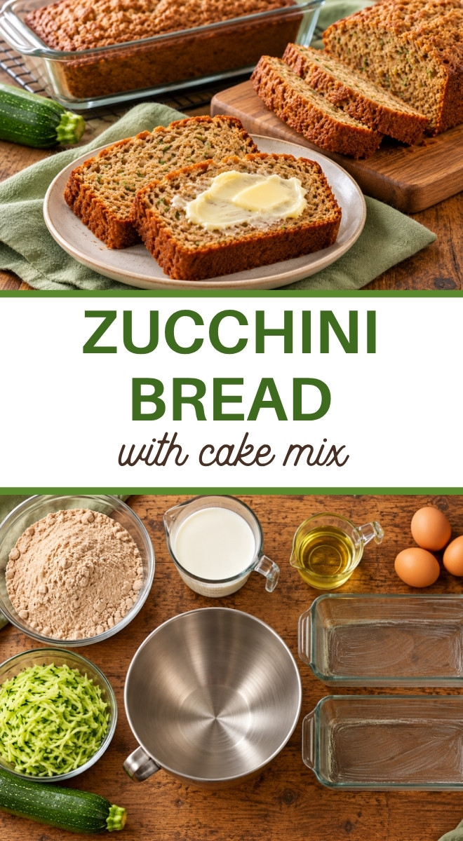 Zucchini Bread with cake mix, buttered slices and the ingredients
